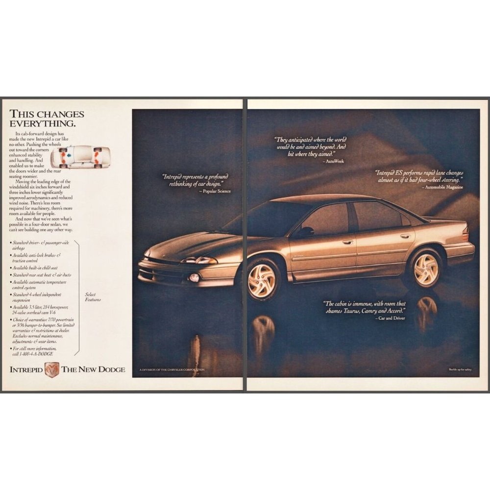 1993 Dodge Intrepid Sedan 2 Page Vintage Print Ad Cab Forward Design Wall Art